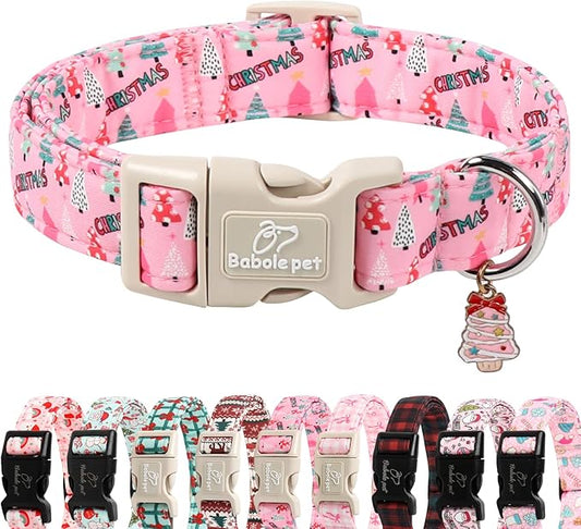 Christmas Dog Collar for Medium Dogs - Cute Xmas Tree Print Pink Christmas Collars for Dogs, Soft Adjustable Winter Holiday Dog Collars with Quick Release Buckle M