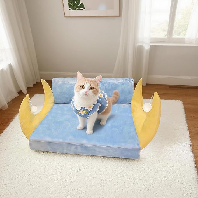 Cat Couch with Soft Pillow, Supportive Dog Couch, Cat Sofa with Removable Cover，Cute Moon Shaped, 24 Inch