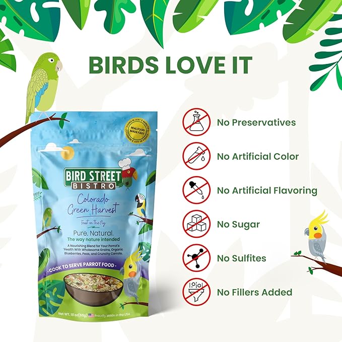 Bird Street Bistro Parrot Food for Parakeets & Cockatiels - Colorado Green Harvest - 18 oz - Cooks in 3-15 min, Natural & Organic Grains, Fruits & Vegetables - USA Made