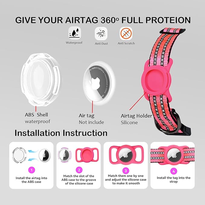 Reflective Dog Collar with Apple AirTag Holder & QR Code Pet ID Tag,Soft Nylon Adjustable Dog Tracker Collar with Safety Lock for Small Dogs (Rose Red, S)
