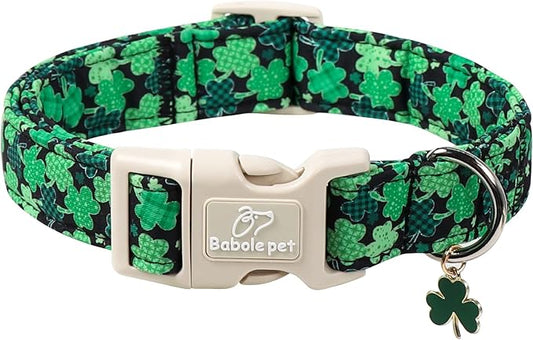 St Patricks Day Dog Collar for Medium Dogs - Green Lucky Clover Dog Collars, Lightweight Adjustable Irish Festival Shamrock Dogs Collars with Quick Release Buckle M