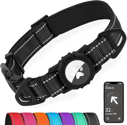 Joytale Airtag Dog Collar, Reflective Pet Collar with Waterproof AirTag Holder, Dual D-Rings, Soft Padded Adjustable for Extra Small and Puppy Dogs, Black, XS