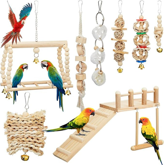 10 Pcs Parrot Swing Toys and Bird Perches Platform with Climbing Ladder Chewing Standing Hanging Parakeet Toys Bird Cage Accessories for Budgerigar Conure Cockatiel Finches Lovebirds