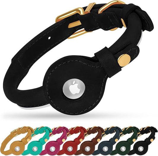 OOPSDOGGY Rolled Leather Dog Collar with Airtag Holder - Reflective Round Airtag Dog Collar - Soft Tracking Pet Collar for Small Dogs Puppy Cats Kitten (Black, L, 14"-18")