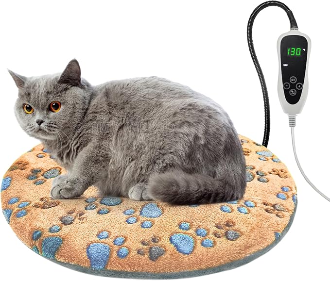 Cat Heating Pad, 16 in Round Heated Bed Smart Thermostatic Switch, Add Wire Rope Cat Carpet Puppy Whelping Supplies, Comes with a Plush Cloth Cover - Apricot