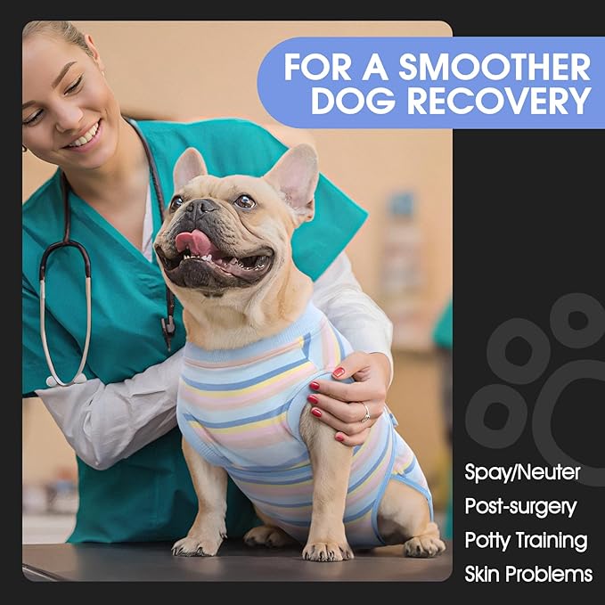 FUAMEY Recovery Suit for Dogs After Surgery,Soft Breathable Dog Bodysuit E-Collar & Cone Alternative Surgical Suit,Male Female Dog Neuter Spay Suits Anti Licking Wounds Onesie Blue Yellow Stripes XXL