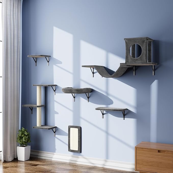 NUNU LAB Wall Mounted Cat Climber Set, 6 Pcs Cat Furniture Set with House, Bridge, Steps, Scratcher Board and Hammock, Shelves for Indoor, Luxury Walls Furniture(Dark Grey)