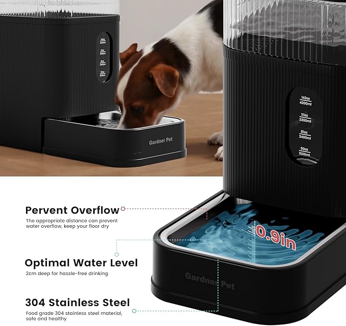 Gardner Pet Automatic Dog Water Dispenser Gravity Waterer with Stainless Steel Bowl Water Dispenser 8.5L Large Capacity Water Feeder with Filters for Dogs Cats Pets, BPA-Free Noise-Free (Black, 8.5L)