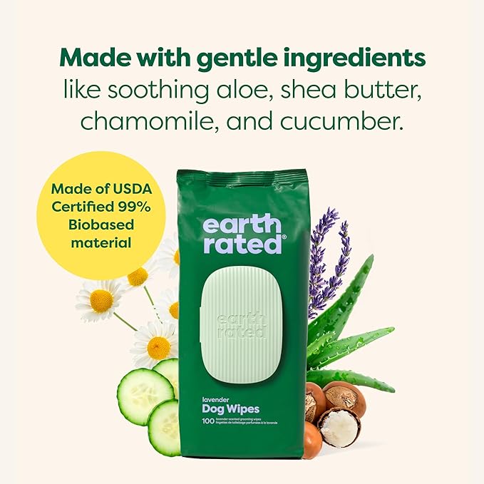 Earth Rated Dog Wipes, Hypoallergenic, Cleaning and Hydrating, for Grooming Paws, Body and Butt, Lavender Scented, 400 Count