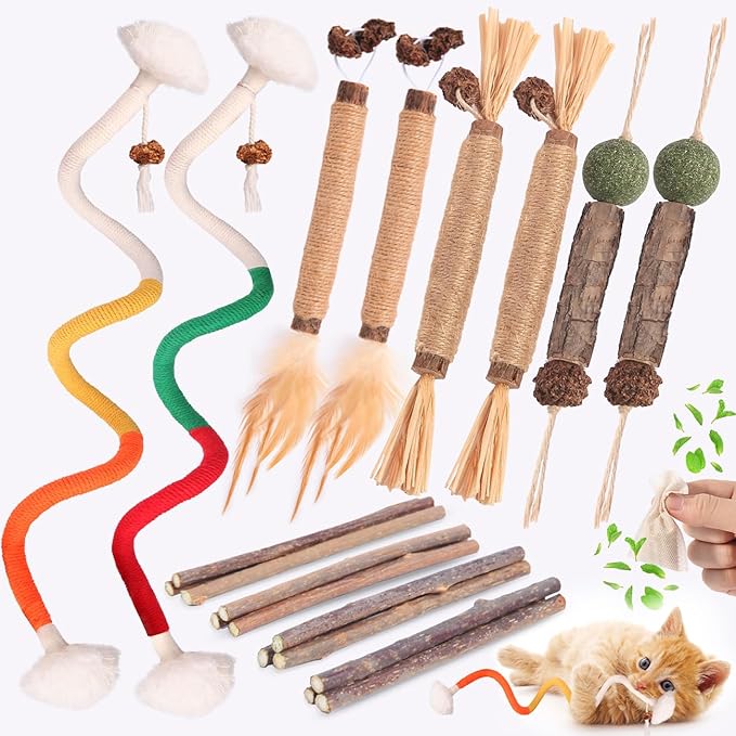 Cat Toys Cat Chew Toys, Silvervine Sticks Catnip Rope Toys for Cats Teeth Cleaning, Kitten Dental Care, Kitty for Indoor Cats Increase Appetite,Enhances Oral & Dental Health (21 Pack)