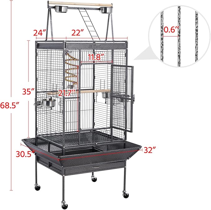 Yaheetech 69-inch Wrought Iron Rolling Large Parrot Bird Cage for African Grey Small Quaker Amazon Cockatiel Sun Parakeet Green Cheek Conure Dove Lovebird Budgie Play Top with Stand
