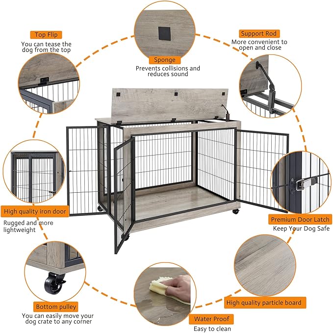 IchbinGo Dog Crate Furniture, Wooden Dog Crate Table, 43.7" Dog Kennel with 3 Doors, Flip-up Top Opening and Wheels, Decorative Pet Crate House for Large/Medium/Small Dog Indoor Use(Rustic Grey)