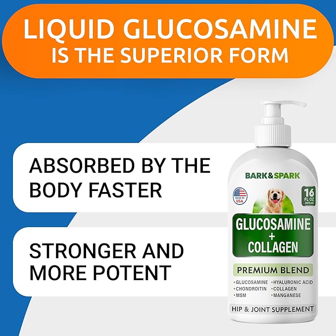 BARK&SPARK Liquid Collagen + Glucosamine for Dogs - 16 Fl Oz Easy to Serve Joint Supplement - Advanced Formula with Chondroitin, MSM, Hip & Joint + Skin & Coat Care - Made in USA