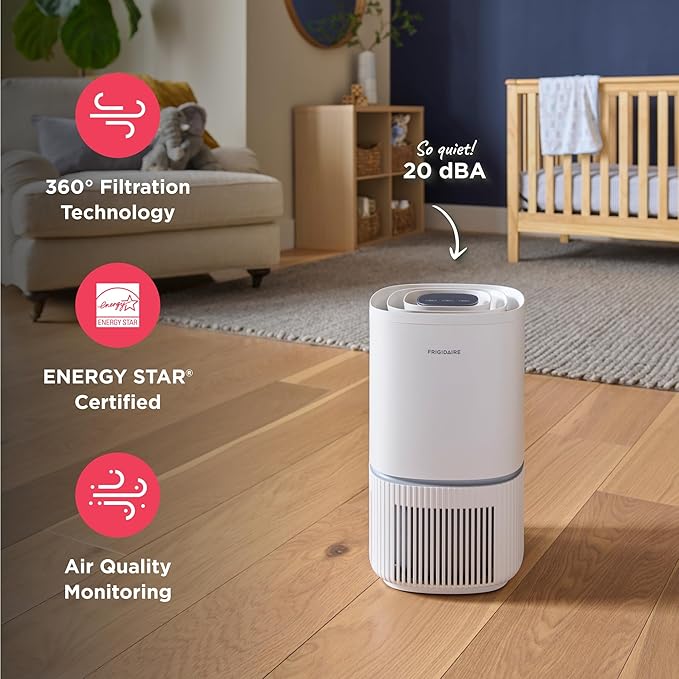 Frigidaire PureA300 HEPA Air Purifier for Small Bedrooms, Covers up to 850 Sq. Ft., 3-Stage Filtration, Energy Star Certification, Air Quality Monitoring, Smart Mode, Ultra Quiet, White