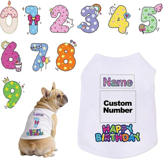 Custom Dog Birthday Shirt,Personalized Pet Apparel Print with Name Age Number,Pet Birthday Outfit,Lightweight Breathable Cotton Vest for Small Medium Large Dogs Cat (White, Medium)