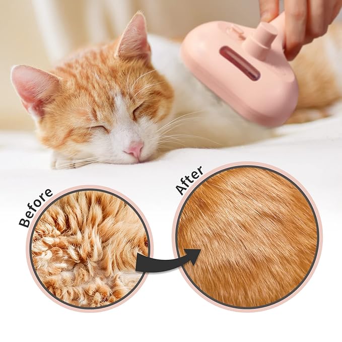 3-in-1 Steam Brush with Release Button and Tank, Anti-Static Pet Brush for Long and Short Hair - Removes Tangles and Loose Hair (Pink)