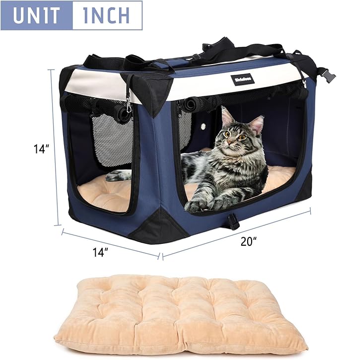 Collapsible Dog Travel Crate,Portable Soft-Sided Pet Carrier Extra Large Cat Carrier with Soft Plush Plush Mat for Indoor and Outdoor,28x20x20in,Navy Blue