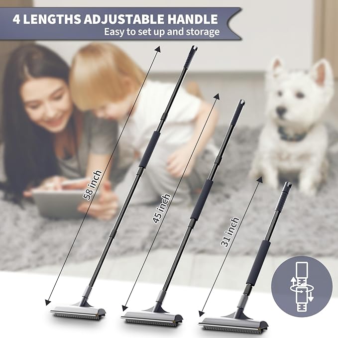 3 in 1 Carpet rake Kit for Pet Hair Removal Tool - Reusable Pet Hair Remover Broom w 58" Adjustable Long Handle, Dog & Cat Carpet Scraper, Pet Hair Remover for Rugs, Mats, Couch, Curtains(Gray)