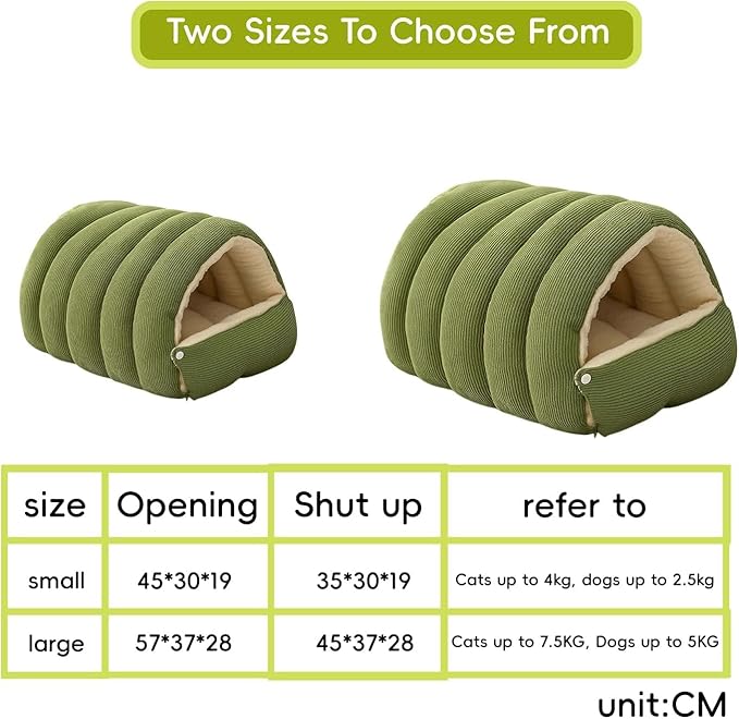 Removable and Washable Winter Closed-Off Cat Bed, Cat Winter Cave, Cute Cat Beds for Indoor Cats, Disassembled Design for Easier Cleaning, with Hair Remover (Green, 22.4 * 14.6 * 11.0 in)