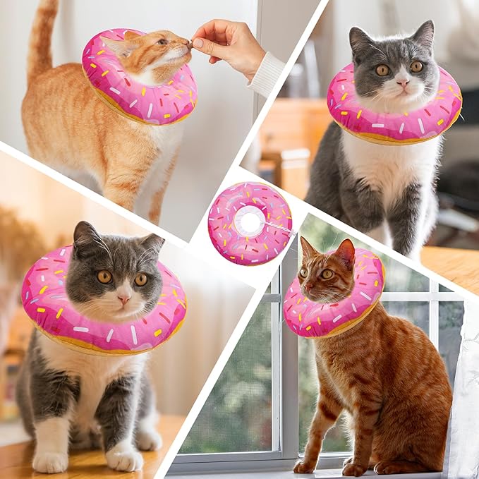 Cat Cone Soft Collar, Adjustable Cat Recovery Collars Kitten Cones to Stop Licking, Cute Donut Neck Collar After Surgery, Elizabethan Kittens Protective Cones After Spay (Donut Pink, Medium)