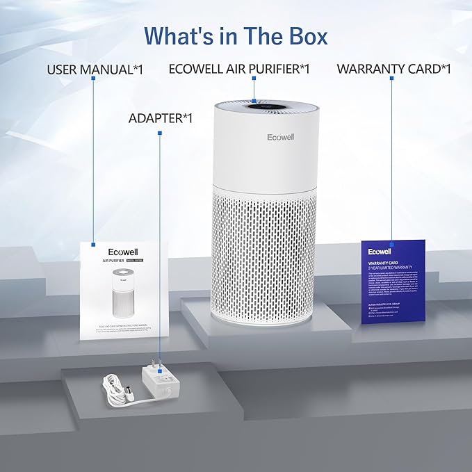 Air Purifiers for Home Large Room with Air Quality Sensor, Covers Up to 1640 Sq Ft, HEPA Filter, 360°Air Intake, Remove 99.97% Mold, Pet Dander, Dust, Odor, Smoke, ECOWELL Model: EAP360, White