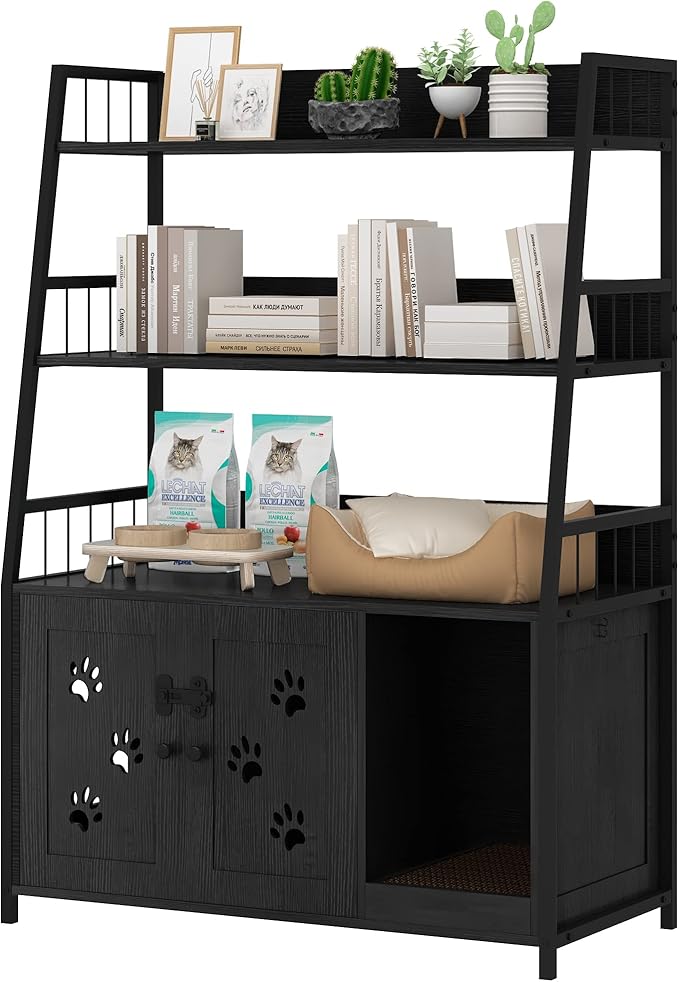 Recaceik Large Cat Litter Box Enclosure with Shelf Storage, Hidden Cat Washroom Furniture, Wooden Cat House with Scratch Pad, Sturdy Indoor Cat Cabinet with 2 Doors, Black