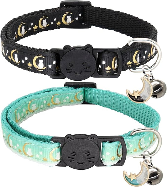 2 Pack Breakaway Cat Collar with Bells,Adjustable Moon and Star Kitten Safety Collars for Boys & Girls,Black+Teal