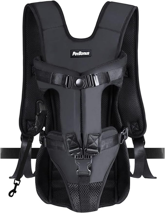 PetBonus Pet Front Dog Carrier Backpacks, Adjustable Pet Backpack, Legs Out Easy-fit Puppy Chest Carrier for Medium Small Dogs, Hands Free for Hiking, Cycling (Black, L)