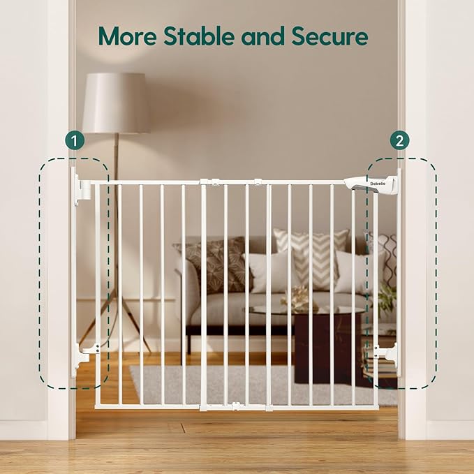Babelio 27-45" No Bottom Bar Baby/Dog Gate with Easy Installation, 2-in-1 Auto Close Design, Suitable for The House, Stairs, and Doorways, Safety Pet Gates with Large Walk-Thru Door, White