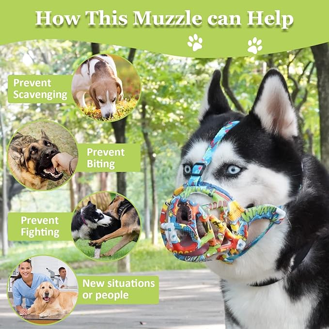 Mayrezon Dog Muzzle, Printed Basket Muzzle for Small Medium Large Dogs Dachshund, Beagle, German Shepherd, Breathable Pet Muzzles to Prevent Biting Chewing Scavenging, Allows Panting and Drinking