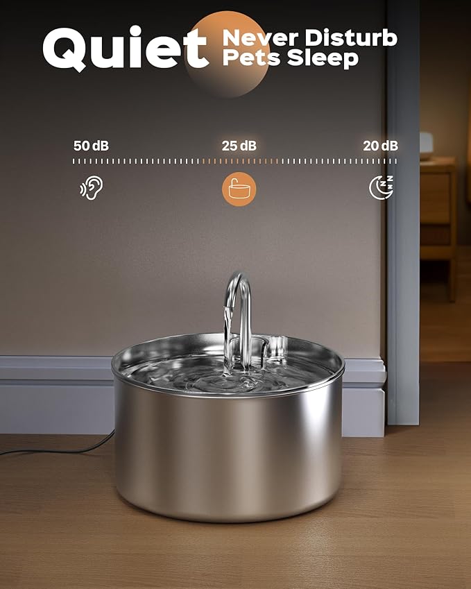 AOOGITF Cat Water Fountain + 8 Filters + 8 Sponges, 304 Stainless Steel Pet Water Fountain, 24 Hours Keep The Water Clean, 74oz Capacity, Ultra-Quiet, No Sputter, Compact, Easy Cleaning