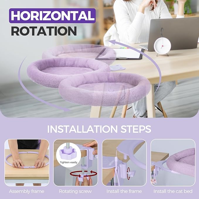 Rotating Cat Desk Bed - 40 LBS Chair-Side Cat Sleeping Basket with Bed for Desk, 360° Swivel & Removable Washable Cushion for Office Comfort(Purple