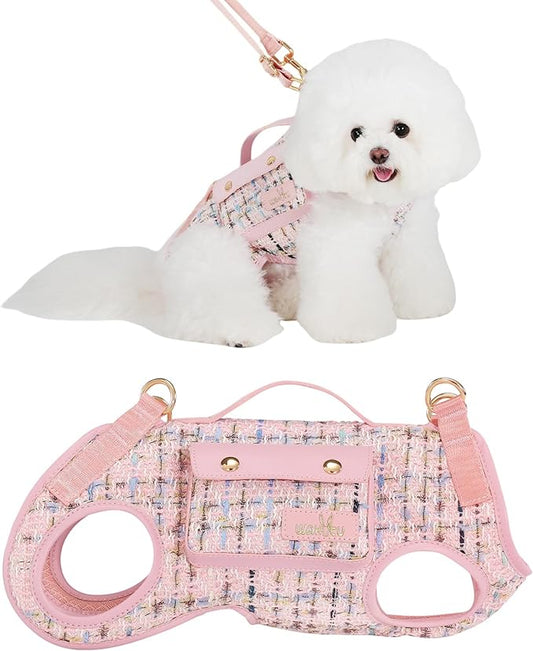 Dog Lift Harness Dog Carrier Dog VES Harness Adjustable Dog Leash with Small Puppy Treat Bag（Pink,S）