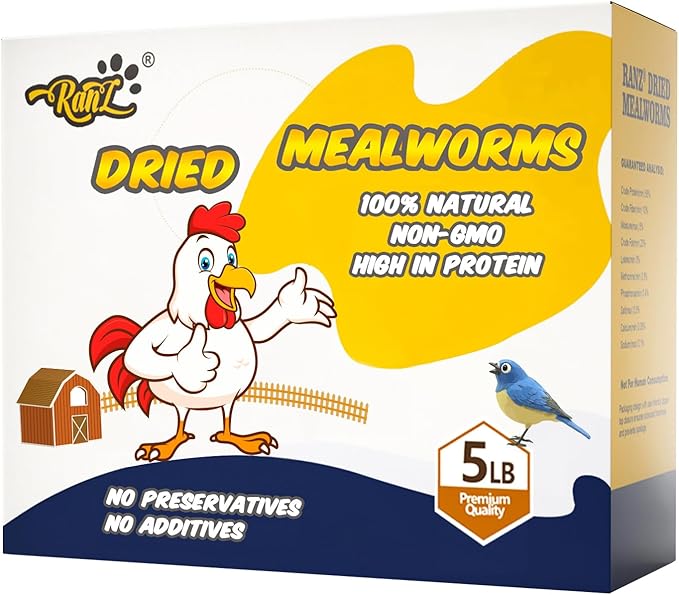 RANZ 5LBS Non-GMO Dried Mealworms for Chickens, High Protein Meal Worms, Premium Chicken Feed, Perfect Bird Food and Chicken Treats, Whole Large Mealworms for Wild Birds, Ducks, Fish