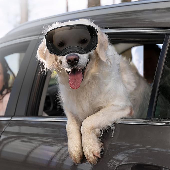 NAMSAN Dog Goggles Large Breed, UV Protection, Driving Doggie Sunglasses for Medium to Large Dogs, Wide Glasses Full Eye Protection, Anti-Fog Windproof, Adjustable, Black