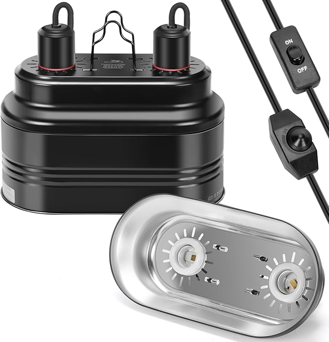 Dual Reptile Light Fixture with Thermostat Switch and Independent Switch, Deep Dome Reptile Heat Lamp Fixture Optical Reflector Lampshade for Bearded Dragon, Amphibians, Tortoise (Max 100W)