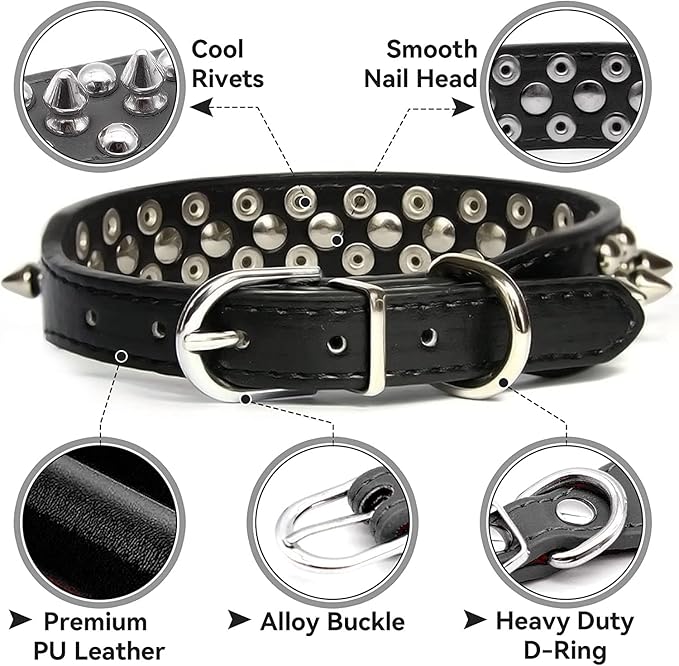 Spiked Dog Collar Soft Pu Leather Mushrooms Rivet Spike Studded Puppy Adjustable Pet Collars for Small Breeds (L, Pink)
