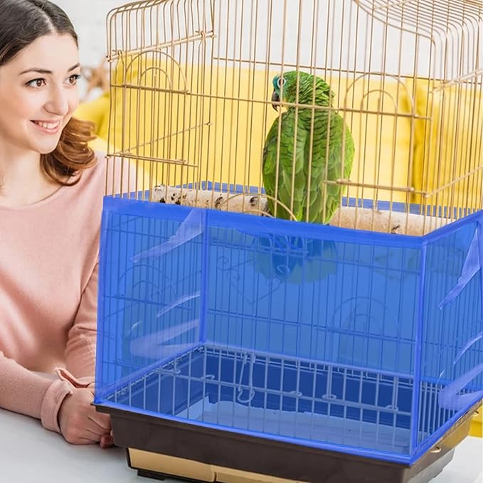 Daoeny Large Bird Cage Cover, Bird Cage Seed Catcher, Adjustable Soft Airy Nylon Mesh Net, Birdcage Cover Skirt Seed Guard for Parrot Parakeet Macaw African Round Square Cages (Blue)