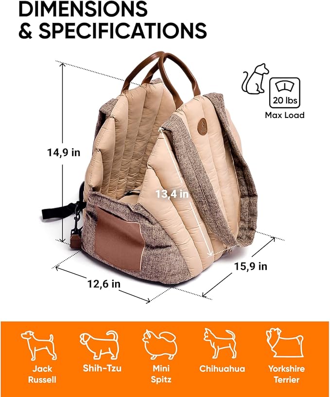 Dog Travel Bag | Cat Carrier | Small Pet Taxi | Lightweight Soft-Sided Tote, Car-Seat Compatible, Washable, 6–20 lb | Vegan Materials | Brown