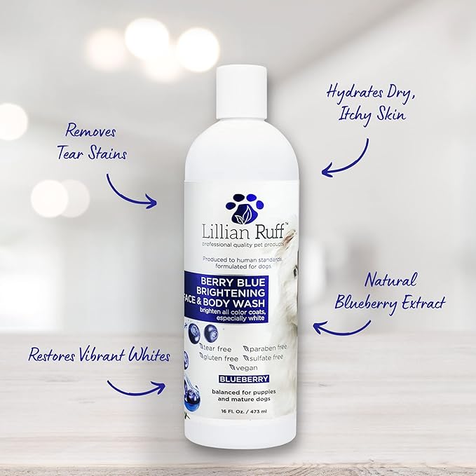 Lillian Ruff PRO Formula Berry Blue Brightening Pet Shampoo - Ultra-Hydrating Professional Whitening Dog Shampoo, Vivid Show-Quality Coat Enhancer, Tear Stain & Odor Eliminator With ProVitamin B5 16oz