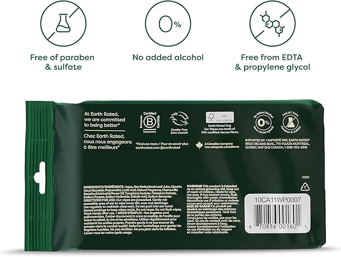 Earth Rated Vet-Developed Pet Ear Wipes, Hypoallergenic Cleaner for Dogs & Cats Ears to Remove Dirt and Wax Build Up, Wild Oat Scent, 70 Count