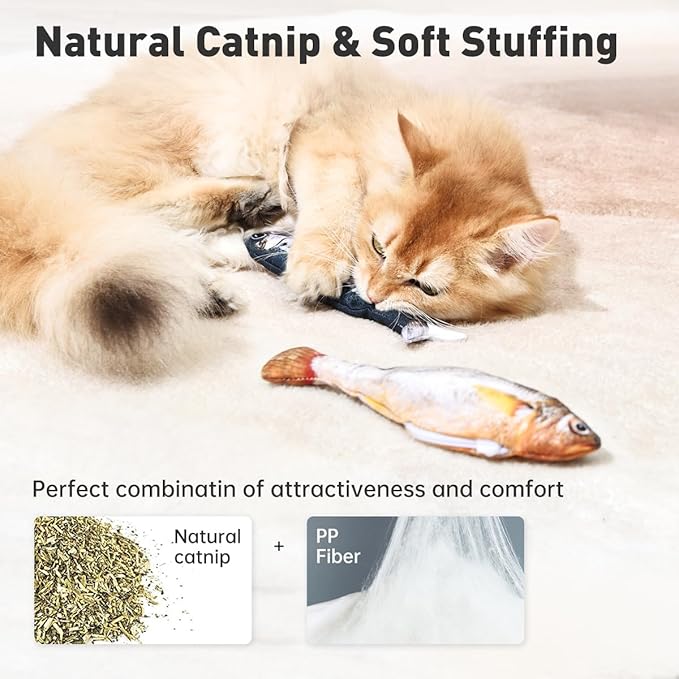 Petgravity Bite-Sized Realistic Flopping Fish Cat Toys, 3 Pack, Interactive Cat Toys for All Breeds, Tap-Activated 3 Flapping Mode, Sardine/Saury/Yellow Croaker, 7.1 Inches, with Catnip, Rechargeable