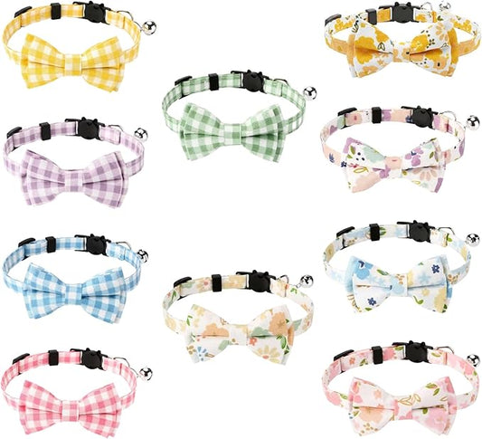10 Pcs Spring Cat Collar Breakaway with Bow Tie and Bell Kitten Collars Removable Bowtie Plaid Flower Cat Collar for Cats Kittens Puppy(Flower)