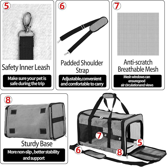 Soft Sided Cat/Dog Carrier,Collapsible Pets Travel Carriers for Pet/Puppy with Shoulder Strap & Removable Mat,Mesh Top Load Small Dogs/Cats Carry Bag Up to 17 Lbs TSA Airline Approved（Grey,M）
