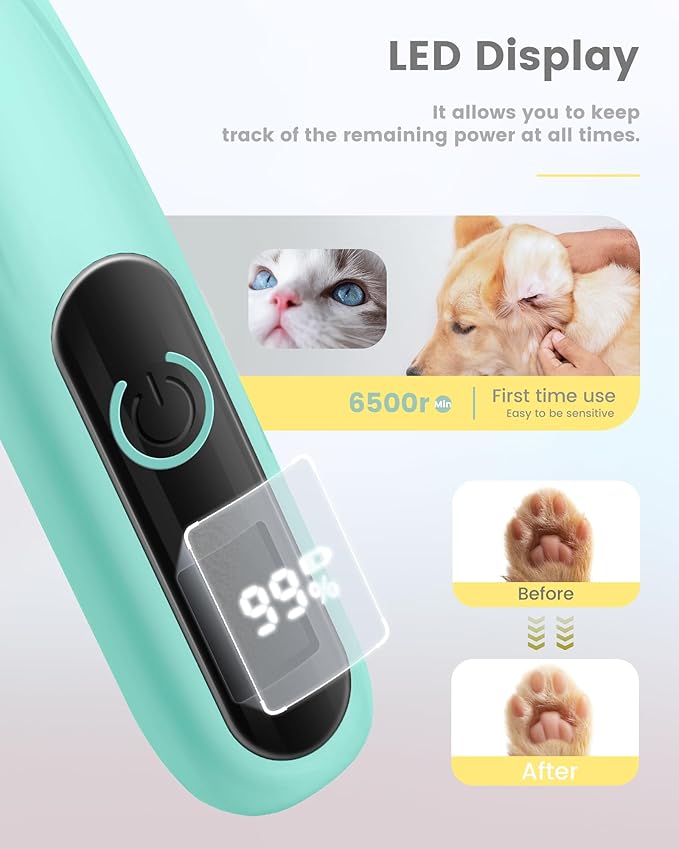 Dog Paw Trimmer with LED Display, 35dB Ultra-Low Noise Paw Trimmer for Dogs, Cordless Dog Clippers for Grooming with LED Light, Type-C Rechargeable Dog Hair Clippers for Paws, Ears, Face, Rump
