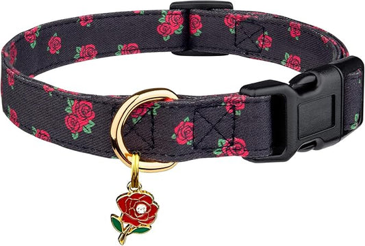 Cotton Handmade Dog Collar Cute and Distinctive Patterns Black Rose with Pendant for Girl Boy Dogs Collars S