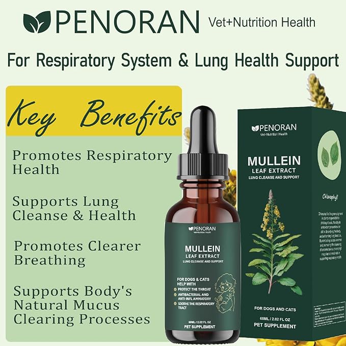 Pet Mullein Leaf Extract Drops for Dogs & Cats Hoarseness, Cough, Easy Breathing, Lung Cleanse and Support, Better Lungs, Soothes Throat Discomfort - ﻿100% Natural and Efficient ﻿ ﻿