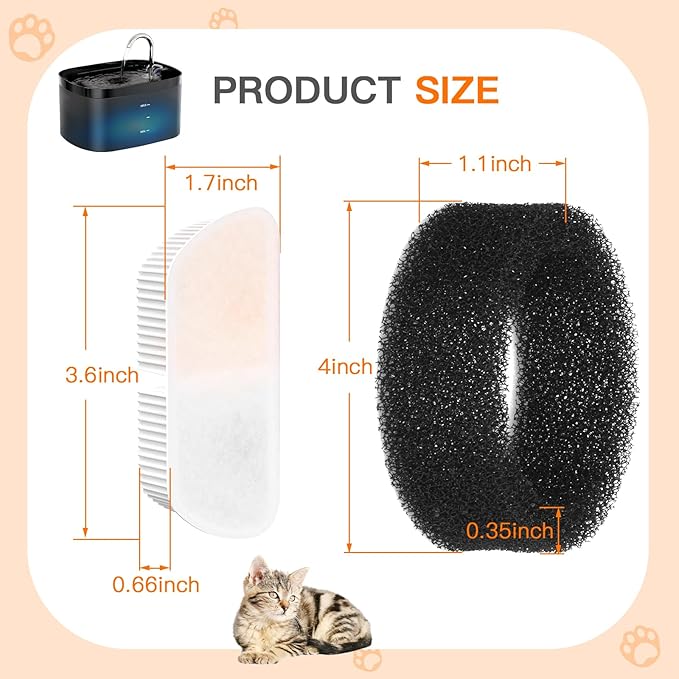 Cat Water Fountain Filters for 84oz/2.5L Petilog Pet Water Dispenser Fountain (4 Filters& 4Sponges)