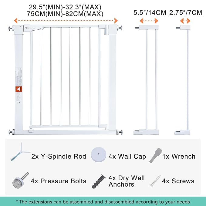 COMOMY 30" Tall Baby Gate for Stairs Doorways, Fits Openings 29.5" to 40.5" Wide, Auto Close Extra Wide Dog Gate for House, Pressure Mounted Easy Walk Through Pet Gate with Door, White