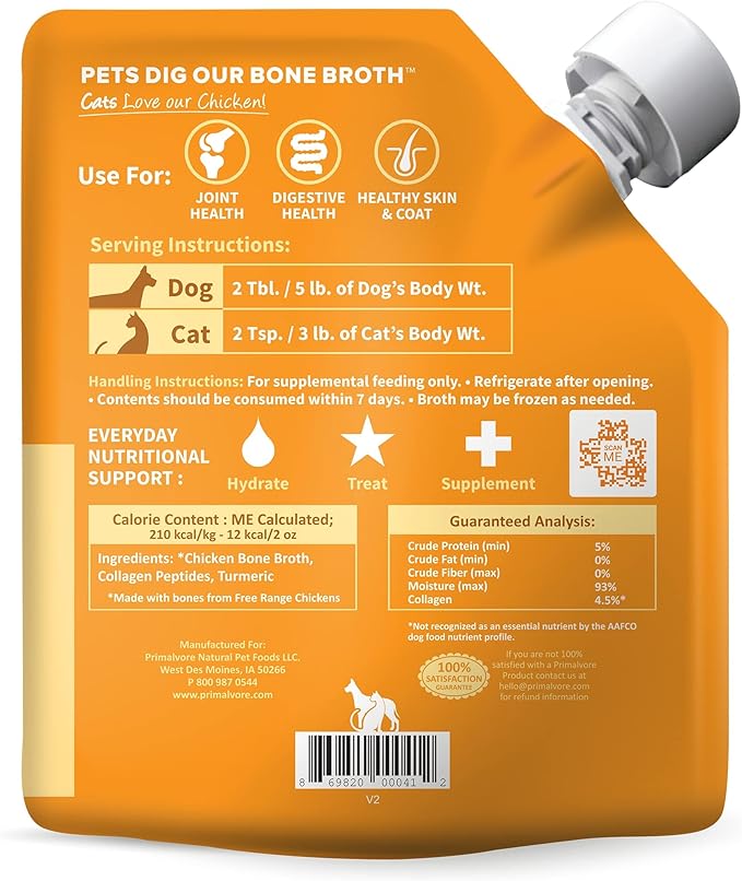 Primalvore Free-Range Bone Broth for Dogs &Cats, Mobility Formula w/Collagen Peptides to Help Support Hip & Joints, Digestion, Skin & Coat and Hydration, Human Grade, Made in USA. Chicken 2 Pack